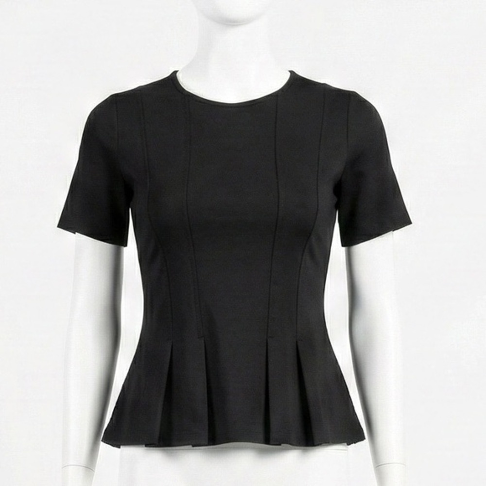 BCBGeneration Black Peplum Top Short Sleeve Pleated Crepe‎ Knit Blouse Small S